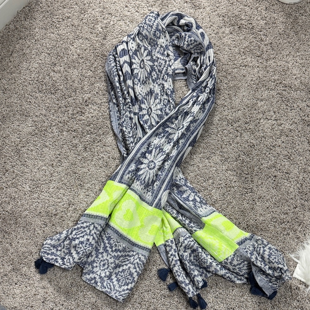 Betsey Johnson Blue White Patterned Scarf with Neon Yellow Accent